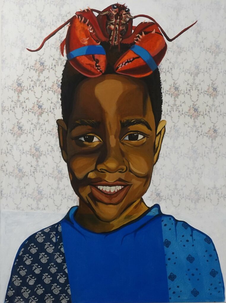 Painting of the face and upper body of a child smiling and looking towards the viewer, wearing a blue top with fabric patterns. A lobster sits on the child's head with blue bands around its claws